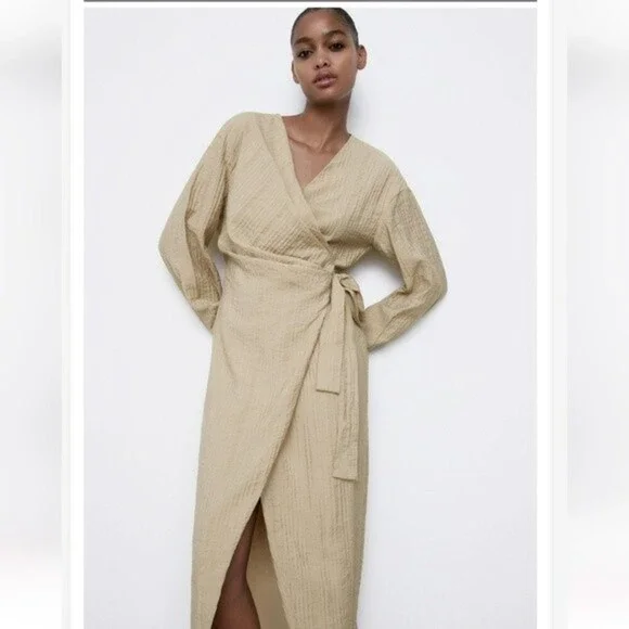 ZARA Dress Wrap Style Textured Midi Long Sleeve - Picture 12 of 15